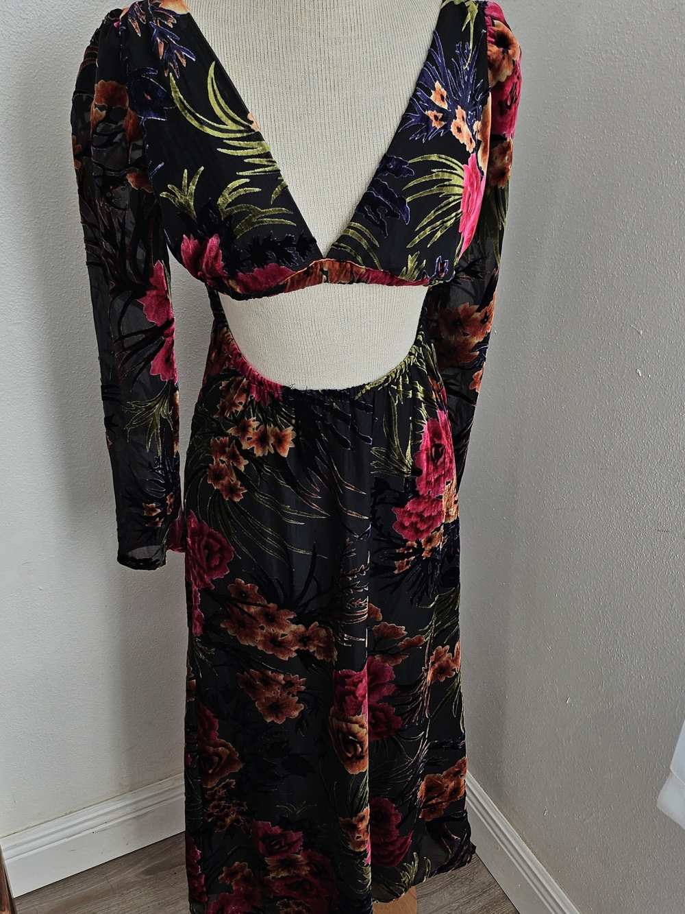 WeWoreWhat Black Maxi Dress with Pink & Rust Floral Print Sheer Long Sleeve